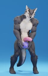 anthro balls big_balls blue_balls blue_balls canid canine canis frustrated genitals hi_res holding_balls male mammal pent_up petruz_(copyright) solo swollen_balls wolf