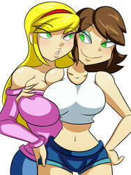 amanda_(sni) beige_skin big_breasts breast_press breasts brown_hair cleavage dalley_le_alpha female green_eyes nina_(sni) sanity_not_included smile yellow_hair yuri