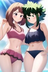 ai_generated bathing_suit beach blushing_at_viewer female female_deku female_only hypercummies izuku_midoriya my_hero_academia ochako_uraraka rule_63 yuri