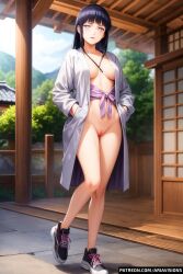 ai_generated ariavisions blank_eyes blue_eyes blue_hair breasts_covered empty_eyes full_body haori hyuuga_hinata naruto naruto_(series) naruto_shippuden purple_eyes pussy sneakers