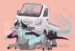 ahe_gao bebebebebe big_breasts blue_skin dragon dragons_having_sex_with_cars female_dragon from_behind humor role_reversal scalie tongue_out truck what