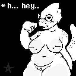 alphys anthro belly blush breasts dialogue digital_media_(artwork) eyewear female freckles genitals glasses heart_eyes heart_symbol heresysheep nipples nude pixel_(artwork) pussy reptile scalie solo text undertale_(series)