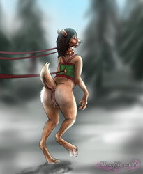 absurd_res anthro anus ass bodily_fluids bondage bridle capreoline cervid collar conditional_dnp dock female fur furry genital_fluids genitals hair harness hi_res mammal marymanifold pussy pussy_juice raised_tail reindeer snow solo species_transformation tail transformation walking winter