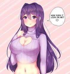 1female 1girls breasts cleavage cleavage_cutout critterpunk cutout doki_doki_literature_club english_text female girl hair_intakes heart heart_cutout lilcritter long_hair navel purple_eyes purple_hair speech_bubble sweater text text_bubble yuri_(doki_doki_literature_club)