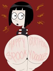1girls 2024 ass ass_bigger_than_head ass_focus bangs big_ass big_butt birthday bite_mark bite_marks black_hair body_writing bubble_butt dat_ass eyelashes fanart fangs female female_only ghostlydoodles gift_art large_ass large_butt looking_at_viewer looking_back looking_back_at_viewer looking_behind mascara mouth oc open_mouth original original_character pale_skin pale_skinned_female pointy_ears raised_eyebrows red_background samantha_(the_booregards) short_hair shortstack simple_background spookyryder surprised the_booregards theslashfive thick_thighs tongue vampire vampire_girl white_body white_skin writing_on_ass writing_on_body writing_on_butt