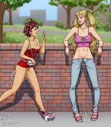 2girls ass bare_midriff blonde_hair bubble_butt busty cum dress dripping_pussy female female_only full_body hourglass_figure human jill_(spidu) long_hair makeup multiple_girls outdoor_pee outdoors outside peeing peeing_self pissing public pussy red_hair short_hair skimpy skimpy_clothes sophie_(spidu) spidu standing standing_pee tagme the_amazing_adventures_of_sophie_and_jill urinating urinating_female urination urine vagina wetting wetting_clothing wide_hips