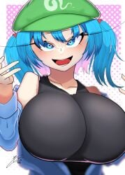 1girls :d big_breasts blue_eyes blue_hair breasts clothed_female hat jacket kaito_y_illust kaitojaja19980520 light-skinned_female long_eyelashes nitori_kawashiro open_jacket open_mouth signature solo solo_female tank_top touhou twintails watermark