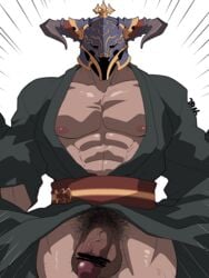 1boy 41raco abs bar_censor bara censored chest draph flaccid fundoshi granblue_fantasy helmet highres horns japanese_clothes kirupi large_penis male_focus male_only male_pubic_hair muscle nipples pectorals penis pubic_hair short_hair simple_background solo testicles thick_thighs thighs upper_body vaseraga