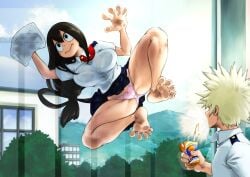 1boy 1boy1girl 1girls 5_toes bare_soles barefoot bra female katsuki_bakugou kyugata kyuugata male my_hero_academia panties pink_panties school_uniform skirt toes tsuyu_asui underwear visible_bra window