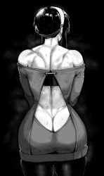1girls artist_request ass ass_focus athletic athletic_female back_muscles behind_view big_ass black_and_white female fit fit_female mature_female muscles muscular muscular_female source_request spy_x_family steam sweat yor_briar yor_forger