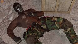 1boy 3d balls black_skin call_of_duty chest circumcised cum cum_on_body cum_on_chest ejaculation gloves harness hopwiresfm_(artist) laying_down laying_on_back mace_(call_of_duty) male_focus mask masked military partially_clothed pecs penis sfm skull skull_mask solo