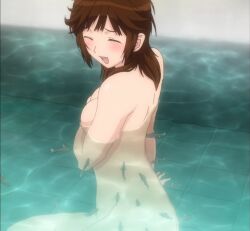 1girl amagami animal bathing blush breasts brown_hair censored cleavage closed_eyes convenient_censoring covering covering_breasts cuttlefish female fish high_resolution messy_hair nude onsen open_mouth partially_submerged sakurai_rihoko screen_capture semi_profile solo teen teen_girl teenage teenage_girl teenager water