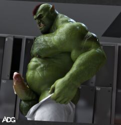 ad-games balls biceps bodily_fluids boruk_(ad-games) cum facial_piercing fangs genital_fluids genitals green_body green_skin hi_res humanoid humanoid_pointy_ears male male_only musclegut nipples nose_piercing nose_ring orc orc_male overweight pecs penis piercing ring_piercing solo teeth