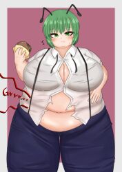 bbw belly_overhang big_belly big_female blush chubby chubby_female double_chin embarrassed fat fat_female fat_fetish fat_girl fat_woman fatty hamburger large_female obese obese_female overweight overweight_female plump pork_chop ripped_clothing thick_thighs touhou tubby weight_gain wriggle_nightbug