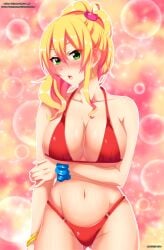 arm_across_waist artist_name bangle bikini blonde_hair blue_scrunchie blush bracelet breasts cat_hair_ornament cleavage clothing deviantart_username earrings female female female_only green_eyes hair_ornament hajimete_no_gal high_ponytail high_resolution jewelry large_breasts looking_at_viewer ponytail red_bikini red_swimsuit scrunchie sidelocks solo swimsuit third-party_edit tied_hair username very_high_resolution wrist_scrunchie yame_yukana