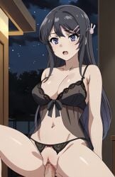 1boy 1girls ai_generated anime azusagawa_sakuta black_hair blue_eyes bondage cowgirl_position eye_contact female large_breasts lingerie long_hair petite pov ranwai sakurajima_mai seishun_buta_yarou_wa_bunny_girl_senpai_no_yume_wo_minai sex stable_diffusion teenager vaginal_penetration