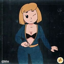 2020 animated black_bra bodysuit bra clothing fallout female furboz jumpsuit mob_face retro_artstyle retro_artstyle_(western) solo uniform unzipped_bodysuit unzipping vault_girl vault_suit winking_at_viewer