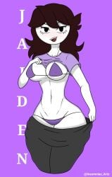 bikini blush blushing_at_viewer female female_only insomniacartz insomniacartz jaiden jaiden_animations jaidenanimations long_hair purple_shirt simple_background undressing youtube youtuber