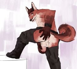 anthro anus ass boots butt_grab canid canine clothing echo_(game) echo_(series) echo_project footwear fox genitals hand_on_butt hi_res male male_focus male_only mammal murdoch_byrnes penis penis_grab presenting raised_tail red_fox solo soroka spread_anus spreading tail the_smoke_room true_fox