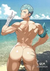 1boy ass_focus blue_hair caspar_von_bergliez caspar_von_bergliez_(summer) fire_emblem fire_emblem:_three_houses fire_emblem_heroes looking_at_viewer male_focus male_only muscle nekokuromochi no_visible_genitalia nude post-timeskip presenting presenting_ass smile solo v