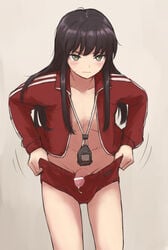 1boy after_masturbation bar_censor black_hair blush buruma censored closed_mouth commentary_request cum dressing femboy green_eyes jacket kon_(pixiv14279210) long_hair looking_at_viewer male male_focus original otoko_no_ko penis red_jacket solo standing trap underwear