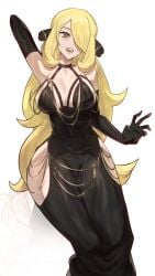 adult_female black_dress blonde_female blonde_hair chains cleavage cynthia_(pokemon) fancy_clothing gloves hair_ornament hips human_female human_only large_breasts meme nintendo not_porn older_female open_mouth pokemon pose posing ryairyai sfw solo solo_female solo_focus unknown_artist unknown_source