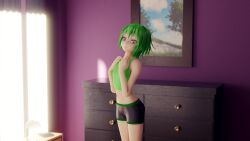 3d 3d_(artwork) bedroom female giantess giantess_growth green_eyes green_hair growth gumi megpoid_gumi minmax3d navel sequence small_breasts spandex_shorts tagme tank_top vocaloid