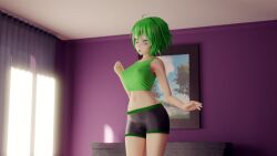 3d 3d_(artwork) ass_expansion bedroom big_breasts breast_expansion covered_nipples female giantess giantess_growth green_eyes green_hair growth gumi megpoid_gumi minmax3d navel sequence spandex_shorts surprised tagme tank_top vocaloid wide_hips