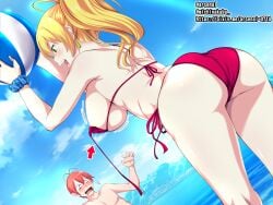 10s antenna_hair areola_slip ass ball beach_ball bikini blonde_hair blush bouncing_breasts breasts dutch_angle earrings female from_behind green_eyes hajimete_no_gal hashiba_junichi highres jewelry large_breasts leaning_forward long_hair ocean ponytail red_bikini red_hair sakura_kanawo scrunchie short_hair side-tie_bikini_bottom smile swimsuit thighs tongue underboob wardrobe_malfunction watermark web_address yame_yukana