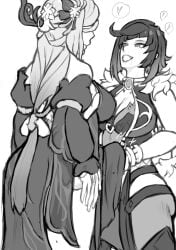 1futa 1girls about_to_burst alternate_costume alternate_hairstyle big_breasts big_penis black_and_white breasts bulge clothed clothing dickgirl dress drooling duo erection erection_under_clothes female fully_clothed futanari genshin_impact grayscale hand_on_penis handjob handjob_over_clothes hiddenfuchsia hoyoverse human imminent_vaginal implied_futanari lustful_gaze mihoyo penis penis_under_clothes penis_under_skirt seductive_look shenhe_(frostflower_dew)_(genshin_impact) shenhe_(genshin_impact) shorter_female standing taller_futa tenting yelan_(genshin_impact)