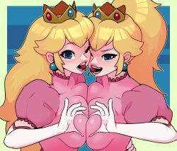 2girls blonde_hair blue_eyes breasts cleavage clothing dabble double_cherry dress female female_only fully_clothed huge_breasts long_hair mario_(series) multiple_girls nintendo open_mouth ponytail princess_peach selfcest super_mario_3d_world tied_hair