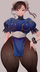 1girls breasts brown_eyes brown_hair capcom chun-li clothed female female_focus female_only hi_res hips huge_breasts kataku_musou light-skinned_female light_skin pantyhose short_hair street_fighter thick_thighs thighs thunder_thighs twin_buns voluptuous wide_hips