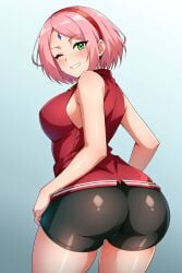 ai_generated arms_at_sides big_ass big_breasts bike_shorts blush busty curvy female female female_only forehead_mark from_behind gradient_background grin headband hi_res highres looking_at_viewer looking_back naruto naruto_(series) pink_hair red_shirt sakura_haruno seraphim_ai simple_background smile solo spandex stable_diffusion thick_thighs