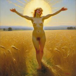 ai_generated belly blonde_hair blue_eyes breasts bushy_pubes curly_hair curvy field halo lips long_hair navel nipples nude presenting pubic_hair realistic small_breasts smile solo sun wheat wheat_field william_bouguereau