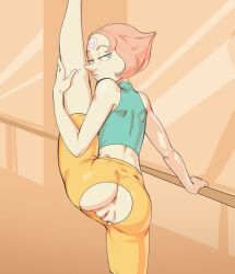 1girl anus ass bichrom female gem_(species) looking_back pale_skin pearl_(steven_universe) pussy short_hair shorts sleeveless solo steven_universe stretching torn_clothes torn_pants vertical_splits