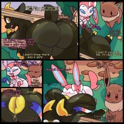 1:1 2025 anal anthro anus ass balls big_balls big_breasts big_butt blush blush_lines bodily_fluids breasts brown_body brown_fur colored comic dialogue digital_drawing_(artwork) digital_media_(artwork) digital_painting_(artwork) eevee eeveelution english_text fangs female female_penetrated feral foreplay forest forest_background from_behind_position front_view fur generation_1_pokemon generation_6_pokemon genitals group hi_res honeypop intersex intersex/male looking_pleasured male male/female male_penetrating male_penetrating_female nature nature_background nintendo nude onomatopoeia open_mouth oral painting_(artwork) penetration plant pokemon pokemon_(species) presenting presenting_hindquarters puffy_anus rimming sex shaded short_stack signature smile snazzle_snapp sound_effects stuck_in_fence sunset sweat sweatdrop sylveon tail tail_motion tailwag teeth text thick_thighs trans_(lore) trans_woman_(lore) tree trio