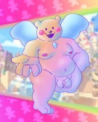 3_toes 4:5 5_fingers anthro areola ass back_wings balls bear bear_jelly belly candy cookie_run cookie_run_kingdom dessert devsisters digital_media_(artwork) feet fingers food food_creature fur genitals hi_res living_candy looking_at_viewer male mammal moobs multicolored_body multicolored_fur navel nipples nude open_mouth overweight overweight_anthro overweight_male penis pink_areola pink_nipples puffed_cheeks rainbow_bear_jelly rainbow_body ruffonaut_(artist) simple_background smile solo spread_wings thick_penis thick_thighs toes wide_hips wings