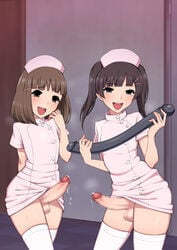 2boys 2femboys artist_cg black_hair bob_cut bottomless brown_hair censored crossdressing dildo double_dildo erection femboy femboy_nurse feminine_male girly long_hair looking_at_viewer male male_only medium_hair mesu_ochi_daigaku_inran_josou_dorei_ni_otosareta_yuutousei_no_matsuro momoka/touma_nishino mosaic_censoring nurse nurse_cap nurse_uniform otoko_no_ko penis precum rika_hayami sex_toy smile standing stockings trap twintails wataya_2