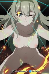 black_hairband breasts collarbone cowboy_shot female firefly_(honkai:_star_rail) grey_hair hair_between_eyes hairband highres honkai:_star_rail honkai_(series) long_hair medium_breasts navel nipples nude one_eye_closed solo spread_legs starflake_(starclusteriu) sweat sweatdrop