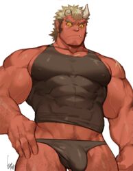 2018 5_fingers anthro arm_hair big_muscles body_hair brown_hair bulge clothing eyebrows fantastic_boyfriends:_legends_of_midearth fingers furry genital_outline gomtang hair hand_on_hip happy_trail horn huge_muscles humanoid humanoid_hands humanoid_pointy_ears leg_hair male male_only muscular muscular_humanoid muscular_male ogre oni orgus penis_outline pupils red_body red_oni red_skin scar shirt simple_background slit_pupils solo standing stubble tank_top thick_eyebrows tight_clothing tokyo_afterschool_summoners topwear underwear veiny_muscles white_background white_horn yellow_sclera