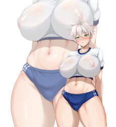 abs absurdres arms_behind_back blue_buruma blush breasts buruma cameltoe cleft_of_venus collarbone commentary_request covered_erect_nipples double_vertical_stripe erect_nipples_under_clothes female green_eyes grey_hair gym_shirt gym_uniform hair_between_eyes highres large_breasts looking_at_viewer midriff multiple_views navel original ranhatu shirt short_hair short_sleeves stomach thick_thighs thighs tight_clothes tight_shirt white_shirt wide_hips zoom_layer