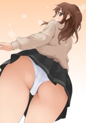 :o amagami ass bare_legs black_skirt brown_eyes brown_hair clothing female from_behind harepore kibito_high_school_uniform lingerie long_hair long_sleeves looking_back messy_hair open_mouth panchira pantsu pleated_skirt sakurai_rihoko school_uniform skirt snowflakes solo student sweater teenage teenage_girl underwear uniform upskirt white_panties white_underwear