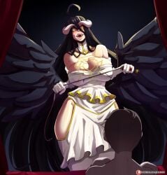 1boy1girl 1girls ainz_ooal_gown albedo_(overlord) big_breasts black_hair faceless_male female_focus human human_male humanized large_breasts liuskin overlord_(maruyama) succubus succubus_horns succubus_wings