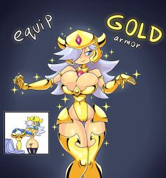 1girls armor big_breasts blue_eyes booby_knight_(drshanks24) booby_quest drshanks24 english_text female female_only gold_(metal) gold_armor grey_hair hair_over_one_eye long_hair narrowed_eyes revealing_clothes skimpy skimpy_armor skimpy_clothes smiling solo text thick_thighs thigh_gap very_high_resolution wide_hips