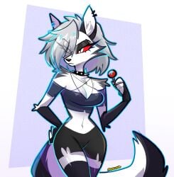 2025 choker cleavage clothed clothing collar exposed_midriff eyebrows_visible_through_hair eyelashes fluffy fluffy_ears fluffy_tail hair_over_one_eye helluva_boss lollipop loona_(helluva_boss) makeup midriff mythology praquina revealing_clothes short_hair shorts thick_thighs topwear vivziepop white_eyes white_hair