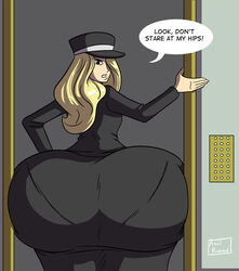 1girl annoyed annoyed_expression artist_signature ass ass_focus axel-rosered big_ass big_butt big_hips blonde_hair bottom_heavy butt butt_focus earthbound elevator elevator_lady female giant_butt gigantic_butt hair_over_one_eye hat hips huge_butt mother_(series) mother_2 panties_visible_through_clothing pantylines stuck_in_door uniform word_balloon