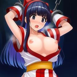 1girls ai_generated ainu_clothes arms_behind_head arms_up big_breasts blue_hair bottomless breasts breasts_out busty chained chains clothing_aside female female_only grey_eyes hair_ribbon hi_res king_of_fighters large_breasts long_hair looking_at_viewer nakoruru nipples open_clothes open_mouth ribbon samurai_shodown snk solo surprised