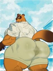 2024 aloha_shirt animal_crossing anthro anus anus_outline ass barazoku big_butt big_muscles bodily_fluids bottomwear bubble_butt canid canine clothed clothing cloud collaboration day fur furryonline1 hi_res huge_butt huge_muscles huge_thighs looking_back male mammal meejikom muscular muscular_anthro muscular_male narrowed_eyes nintendo outside pattern_clothing pattern_shirt pattern_topwear presenting presenting_hindquarters raccoon_dog rear_view shirt shorts sky solo sweat sweat_stain tanuki thick_thighs tight_bottomwear tight_clothing tight_shorts tom_nook tom_nook_(animal_crossing) topwear tuft