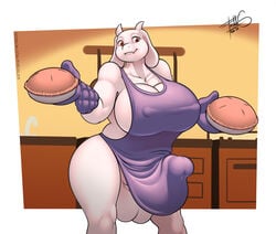 1futa 2020 anthro apron apron_only boss_monster bovid breasts caprine erection erection_under_clothing food freckles_(artist) furry futa_only futanari genitals handwear holding_food holding_object horn humanoid_genitalia humanoid_penis indoors kitchen large_breasts long_ears looking_at_viewer mammal naked_apron nipple_outline oven_mitts penis pie red_eyes signature smile solo solo_futa testicles toriel undertale