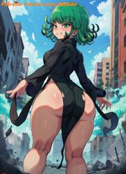 1girls ai_generated ass ass_focus big_ass from_behind from_below green_eyes green_hair grin hi_res huge_ass large_ass mabi_ai one-punch_man pelvic_curtain short_hair shortstack side_slit tatsumaki thick_thighs viewed_from_behind viewed_from_below wide_hips